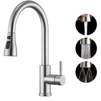 OEM Grifo De Cocina Con Rociador Extra&iacute;ble, Arco Alto, Monomando, Acero Inoxidable Niquelado Cepillado, Con Placa De Cubierta Para Bar, Lavadero, Caravana