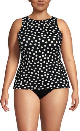 Lands End High Neck UPF 50 Modest Tankini Top Swimsuit in Black/egret White Tossed Dots at Nordstrom, Size 24W