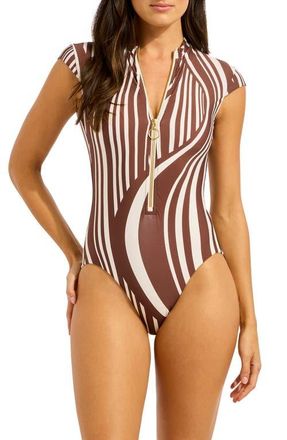 Seafolly Zip Cap Sleeve One-Piece Swimsuit in Cocoa at Nordstrom, Size 10 Us