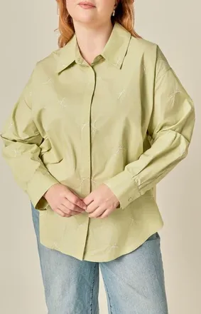 English Factory Bow-Embroidered Shirt in Sage at Nordstrom, Size 1X