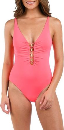 La Blanca Island Goddess Beaded Lace-Up Plunge One-Piece Swimsuit in Coral Reef at Nordstrom, Size 10