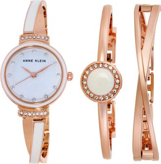 Anne Klein Quartz Crystal White Dial Ladies Watch and Bracelet Set AK-3292WTST