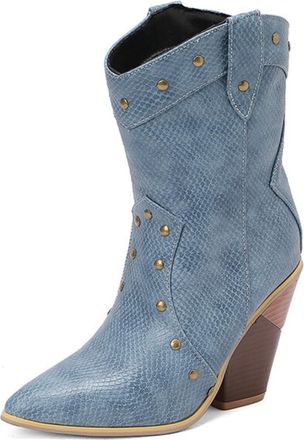 Generic Womens Studded Western Ankle Boot Pointed Toe Chunky Heel Snakeskin Crocodile Pattern Cushioned Insole Durable Upper Non Slip Outsole Party Daily Stre