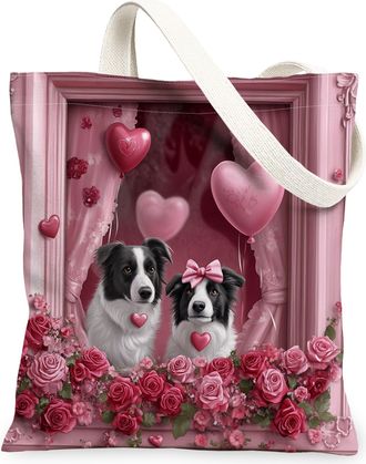 Generic Valentines Day Border Collie Dog Canvas Tote Bag for Shopping 13x15, Window Couple Puppy Reusable Grocery Print Pattern Bag for Women, Pet Beach Aesth