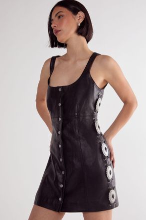 NASTY GAL Womens Real Leather Buckle Detail Western Mini Dress - Black - Size 6 UK