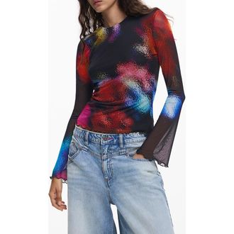 Desigual Long Sleeve Mesh T-Shirt in Black at Nordstrom Rack, Size Large