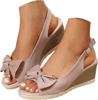 Generic Wedge Sandals for Women Wide Fit Sandals for Women Bow Open Toe Ankle Strap Espadrille Sandal Adjustable Buckle Ankle Strap Sandal Comfort Slip On Sum