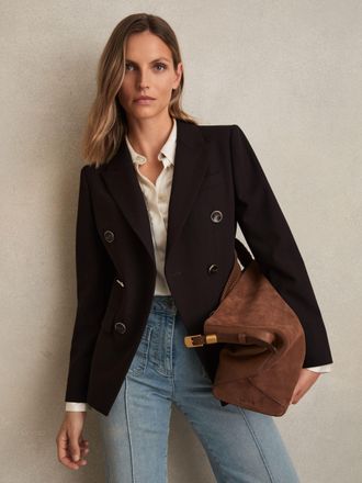 Reiss Chocolate Brown Wool-blend Double-breasted Blazer, 14