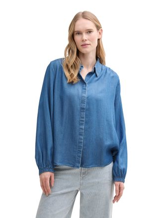 Tom Tailor Hemdbluse TOM TAILOR, Damen, Gr. 34, blau (blau denim), Denim/Jeans, Obermaterial: 100% Lyocell, unifarben, regular fit taillenbedeckt, elastischer Bu