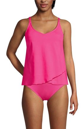 Lands End D-Cup Chlorine Resistant V-Neck Tulip Hem Tankini Swimsuit Top with Adjustable Straps in Pink Azalea at Nordstrom, Size X-Large