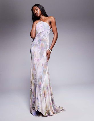 Asos mesh one shoulder exposed seams maxi dress with full hem in blurred lilac floral print-Multi