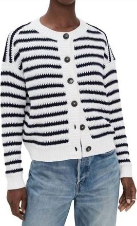 Closed Crewneck Button-Up Cardigan In Ivory Striped