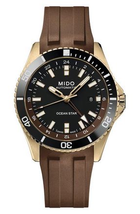 Mido Ocean Star GMT Automatic Rubber Strap Watch, 44mm in Black at Nordstrom