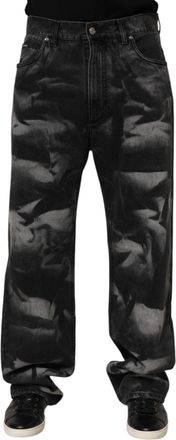 Dolce & Gabbana Black Marbled Effect Straight Men Denim Jeans Cotton Trousers