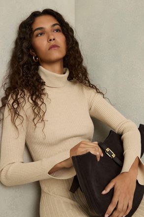 Reiss Womens Beige Ribbed Roll Neck Belted Midi Dress, Size: L