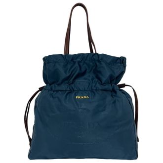 Prada Blue Brown Nylon Leather Shoulder Bag Tote Bag (Pre-Owned)
