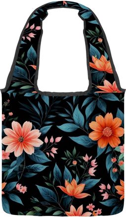 Generic Floral with Leaves Reversible Canvas Shoulder Tote - Double-Sided Print, 12oz Cotton, 27cm Drop, Fold-Flat Bag for Travel, Shopping, Street Outings