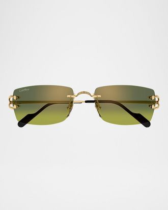 Cartier Men & apos;s Rimless Metal C-Hinge Rectangle Sunglasses