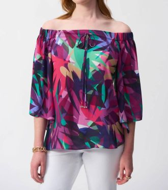 Joseph Ribkoff Tropical Print Off-Shoulder Boxy Top In Multi