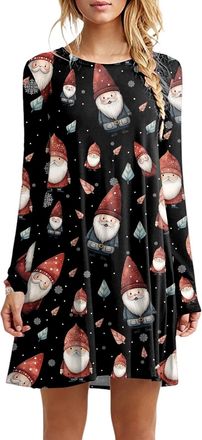 Generic Dresses for Women UK Womens Christmas Party Dress Xmas Print Casual Midi Dress Round Neck Long Sleeve Shirt Pleated Loose Swing Tops