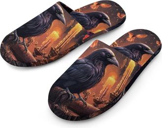Generic Black Crow on Chair Mens Slippers Flannel Warm House Shoes with Rubber Anti-Slip Sole Slip On for Home Outdoor