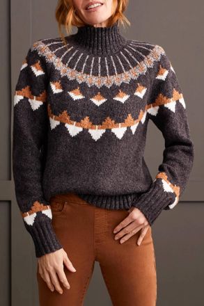Tribal Long Sleeve Mock Neck Intarsia Sweater In Walnut