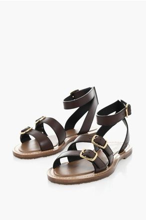 Celine Double-Buckle Leather Flat Sandals size 36,5