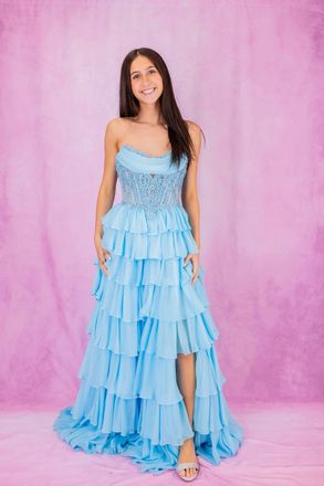 Sherri Hill Strapless A-Line Gown In Light Blue