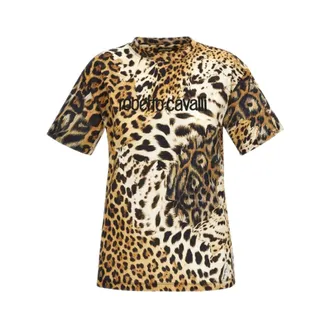 Roberto Cavalli Katoenen T-shirt met luipaardprint - Dames - Tops - Bruin - Maat: S Katoen