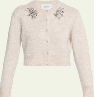 Erdem Crystal Crewneck Paillette Knit Crop Cardigan