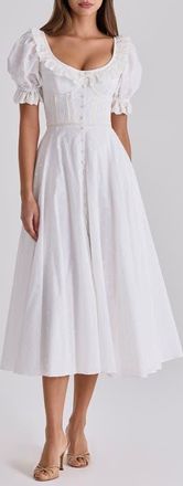 House of CB Bella Puff Sleeve Broderie Anglaise Cotton Midi Dress in White at Nordstrom, Size X-Small