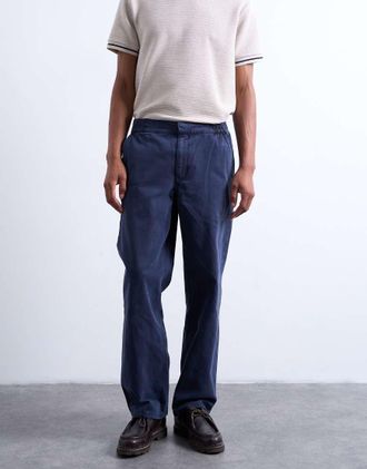 Topman Pantaloni blu navy dritti in twill con vita elasticizzata