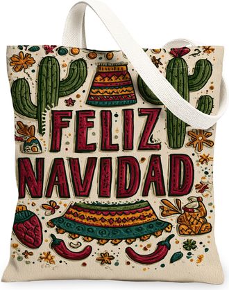 Generic Feliz Navidad Canvas Tote Bags, Cactus Pattern Reusable Grocery Bags, Winter Vintage Bohemian Lightweight Washable Shoulder, Beige, 13x15 Inch