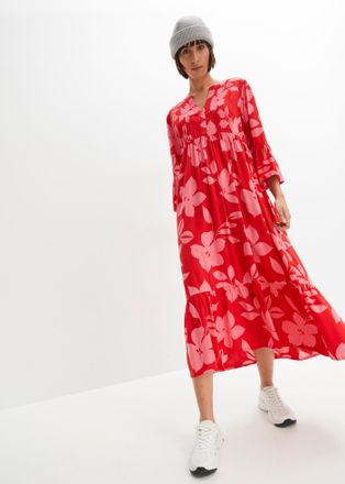 Bonprix Maxikleid BONPRIX Maxikleid aus fliessender Viskose, Damen, Gr. 34, N-Gr, rot (erdbeere, lotuspink gebl&uuml;mt), Obermaterial: 100% Viskose, A-Linie, Klei