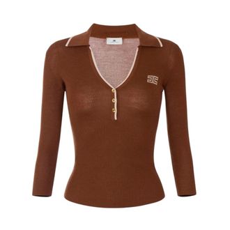 Elisabetta Franchi Ribbed Knit Polo - Dames - Truien - Bruin - Maat: M Wol