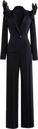 Saiid Kobeisy Asymmetrical Jet-Black Crepe Jumpsuit with Tailored Ruffles
