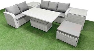 Fimous 6 Seater pe Rattan Wicker Garden Furniture Patio Conservatory Sofa Set with Adjustable Lifting Dining or Coffee Table 3 Seater Sofa Love Sofa Big