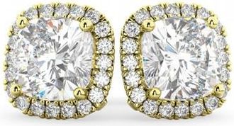 Allurez Halo Cushion Cut Lab Grown Diamond Stud Earrings 14k Yellow Gold (3.10ct)