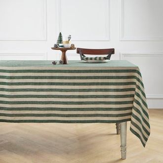 Solino Home Linen Tablecloth for Dining Table, Holiday and Everyday Table Decor - Sorrento Stripe in Hunter Green And Natural at Nordstrom, Size