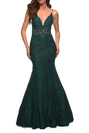 La Femme Mermaid Lace Prom Dress with Sheer Jeweled Bodice in Dark Emerald at Nordstrom, Size 10