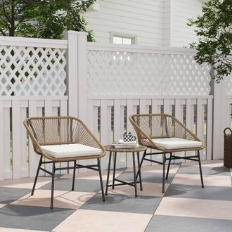 OUTSUNNY Rattan Bistro Set, Small Balcony Furniture with Cushion, Light Grey in Natural