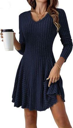 Generic V Neck Rib Knit Long Sleeve Mini Dress Women Flare Knitted Short Jumper Dresses