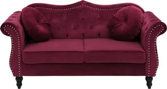 Beliani Sof&aacute; 2 Plazas Tapizado En Terciopelo Rojo Oscuro Botones De Adorno Apoyabrazos Enrollados Estilo Glam Skien
