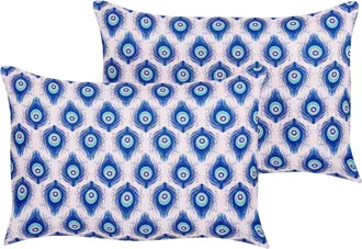 Beliani Conjunto De 2 Cojines De Jard&iacute;n Almohada De Exterior 40 X 60 Cm Poli&eacute;ster Motivo Pavo Real Azul Y Rosa Ceriana