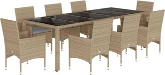 vidaXL Set Comedor Jard&iacute;n 9 Pzas Cojines Rat&aacute;n Sint&eacute;tico Vidrio Beige Vidaxl