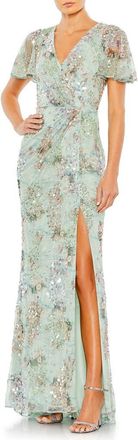 Mac Duggal Embellished Butterfly Sleeve Faux Wrap Gown in Seamist at Nordstrom, Size 20