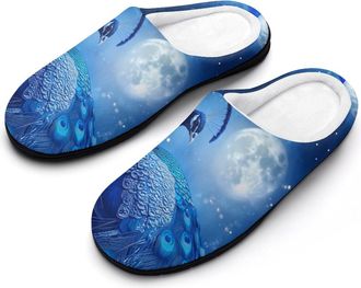 Generic Blue Peacock Moon Womens Slippers Warm House Slippers Indoor House Shoes with Anti-Skid Rubber Sole