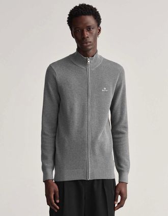 GANT Mens Cotton Piqué Zipped Cardigan - Grey - Size: 38
