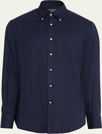 Brunello Cucinelli Mens Micro-Chevron Button-Collar Sport Shirt