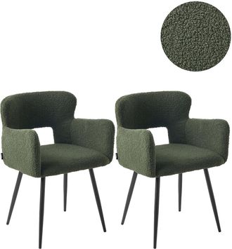 Beliani Conjunto De 2 Sillas De Comedor Modernas Asiento Tapizado En Tela Boucl&eacute; Con Reposabrazos Acolchado Verde Oscuro Sanilac